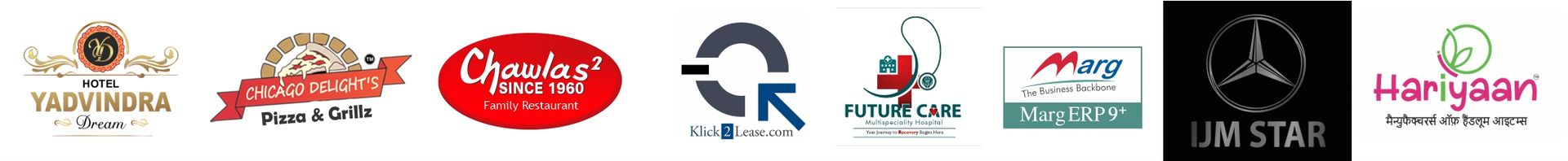Logos of clients served by The Rampaged Delhi including Hotel Yadvindra Dream, Chicago Delight’s Pizza & Grillz, Chawla’s Family Restaurant, Klick2Lease, Future Care Hospital, Marg ERP 9+, IJM Star, and Hariyaan FMCG brand – Digital Marketing & Branding Services by the Rampaged